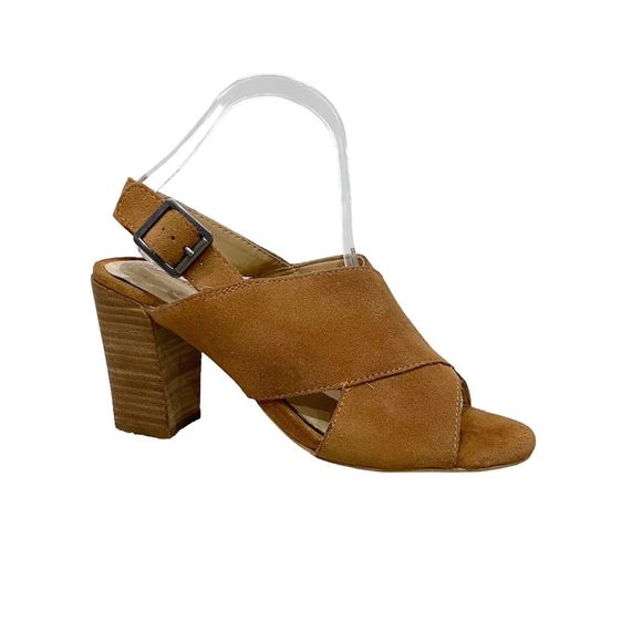 ADAM TUCKER Maya Brown Suede Sandals Chris Cross Strapy Block Heel Size 7 - Picture 1 of 8